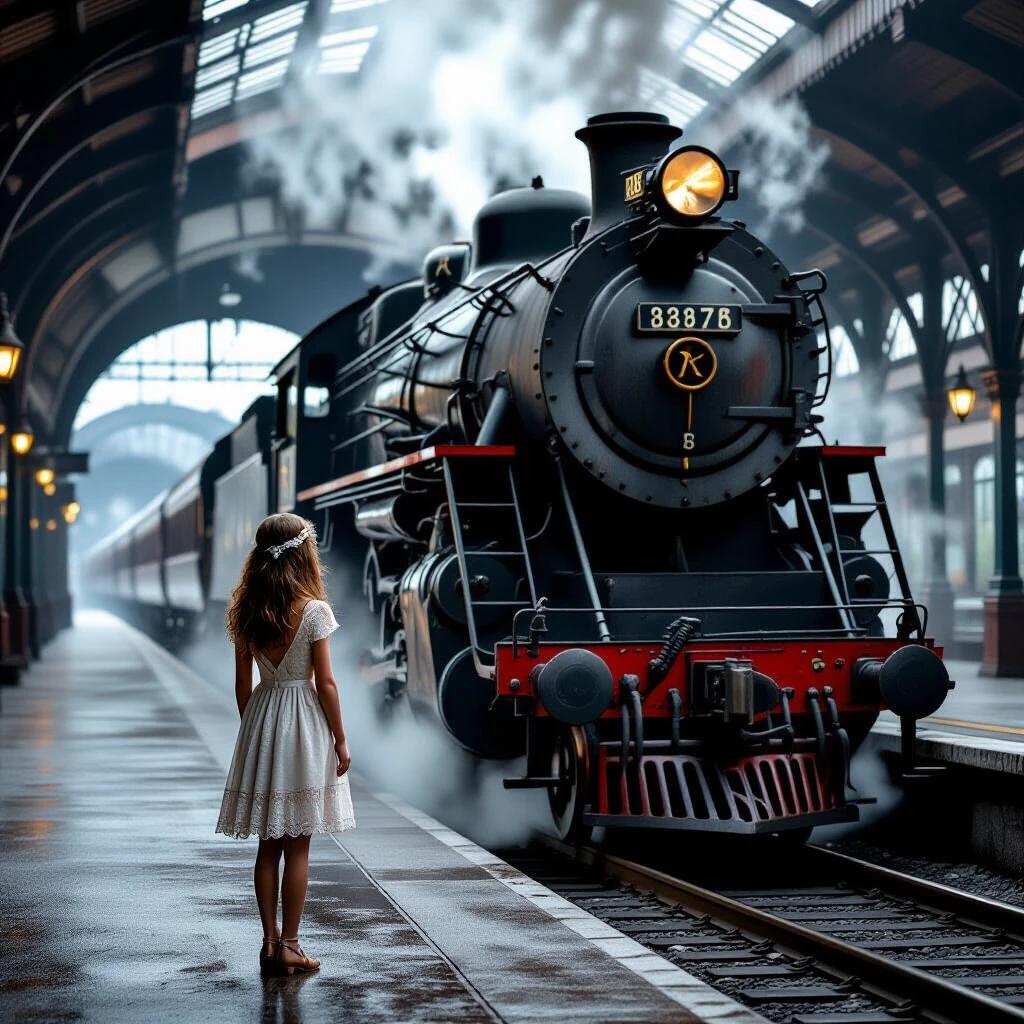 Girl stands alone at a misty train platform wearing a delicate lace dress. She gazes at a large rusted steam locomotive entering a covered station. Contrast between her beauty and the train's decay. Steam swirls around with muted tones and pops of copper rust. Photorealistic scene capturing a 1920s atmosphere.