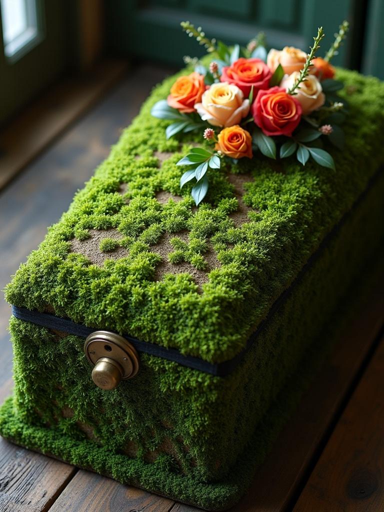 Coffin is covered in lush green moss. Flowers are arranged on the top. Roses add a vibrant touch.