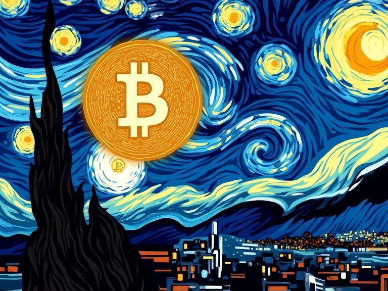 T-shirt illustration of a swirling starry night sky in Van Gogh's style. Bold, textured brush strokes and vivid blues, yellows, and indigos. Golden Bitcoin symbol as a radiant celestial body. Stylized village or futuristic crypto city below, basked in Bitcoin's light. Expressive, painterly textures and movement-heavy lines.