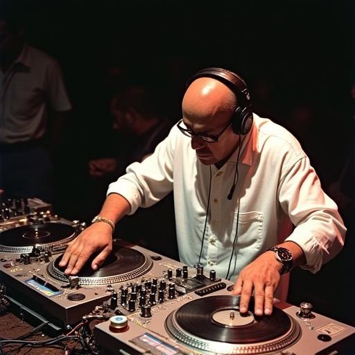 DJ Saul Pinto from Cuba performs at the 1992 Ortofon World DJ Mixing Championships. He shows incredible skill on two turntables. The turntables are closely positioned with a mixer on the right. Speed and technical tricks dominate his performance.