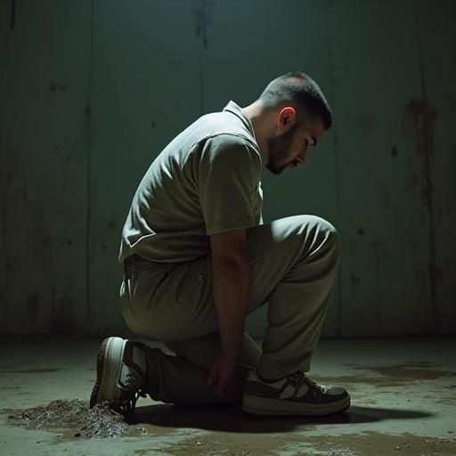 A muscular young man kneels on one knee with shackles. He has a buzz-cut, mustache, and short stubble. He's wearing a prison uniform and sneakers. His hands are bound behind his back. Dirty water is on the floor. The lighting is dim, creating deep shadows. The scene is highly realistic with a gritty texture and dramatic contrasts.