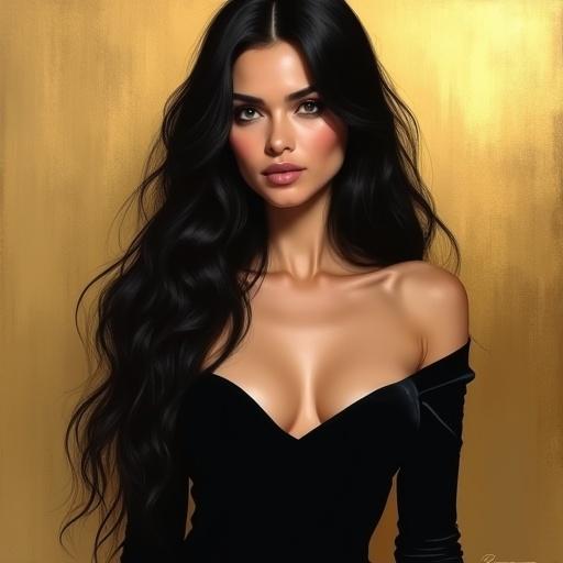 A woman with long black hair stands against a gold background. Smooth blend of dark and light tones is visible. Style reflects influences from Charlie Bowater and Michael Garmash focusing on realism. Elegant attire showcases soft shoulder curves and confident demeanor.