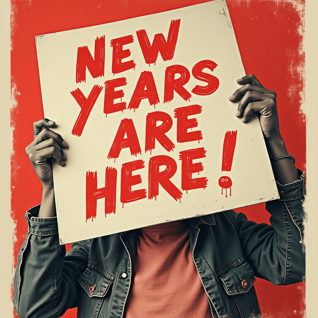 A person holding a sign that reads 'New Years Are Here!' with bold red text against a vibrant background.