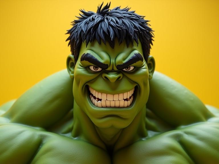 Hulk character with a big yellow smiley face. Hulk has a strong muscular physique. Bright yellow background enhances the vibrant colors.