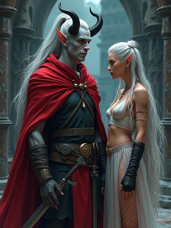 Comic book style digital illustration of a tall male tiefling with ash gray skin and amber eyes. He has long silver hair and curved black horns. He wears a red cloak and chainmail shirt with a longsword. A female human character has long ash-blonde hair and green eyes. She wears fishnet legwear and a transparent dress. A newborn baby human character has short ash-blonde hair. The scene has stylized depth of field and soft lighting in a castle setting.