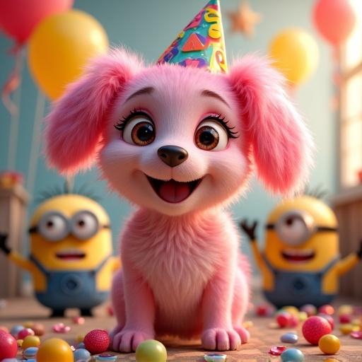 A cute colorful scene with a happy pink bunny and balloons. Minions peek from behind decorations in excitement. The atmosphere is festive and filled with joy.