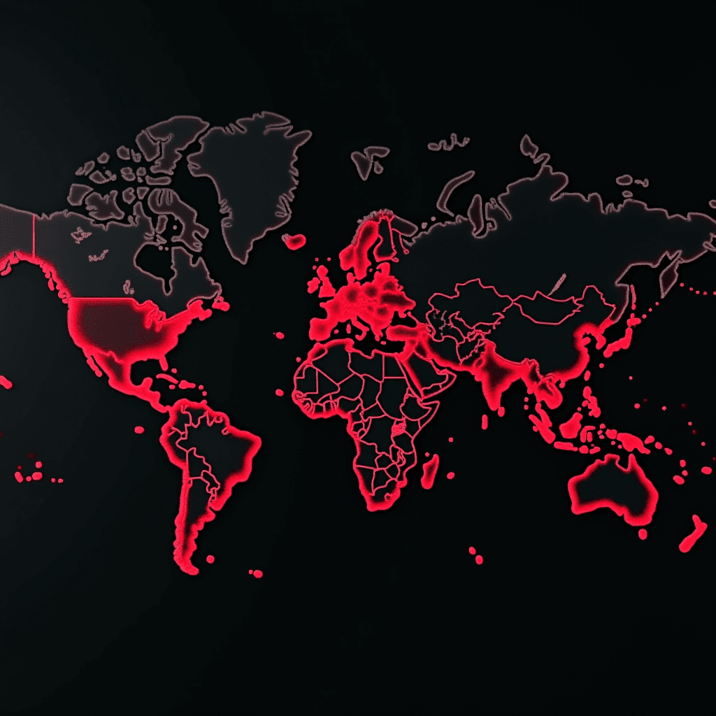 The image is a black map of the world with glowing red outlines of continents.