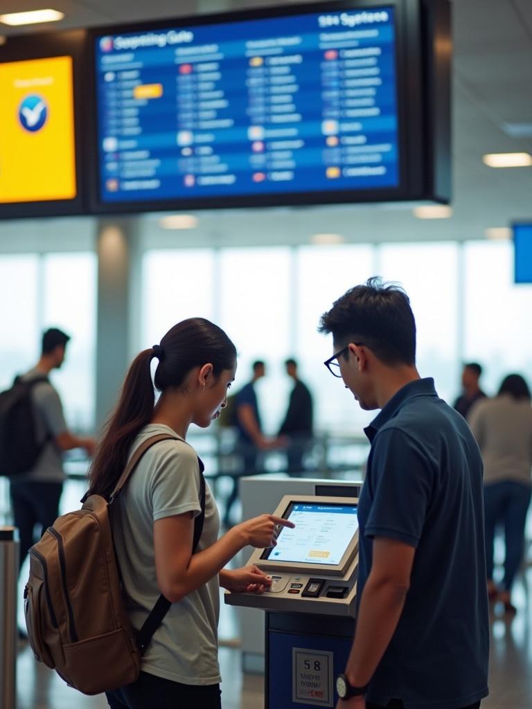 Scene at an airport with travelers using a self-service kiosk. Digital boards display flight information. Bright and airy space with large windows. Technology enhancing travel experience.