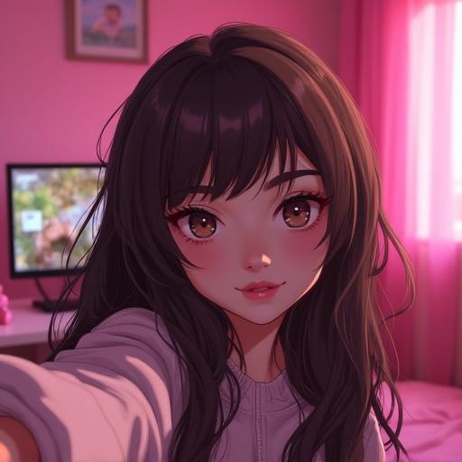 Realistic egirl with brunette hair takes a selfie in a pink gaming bedroom. The room has a soft light and cozy atmosphere. The girl has a round face and a charming expression.