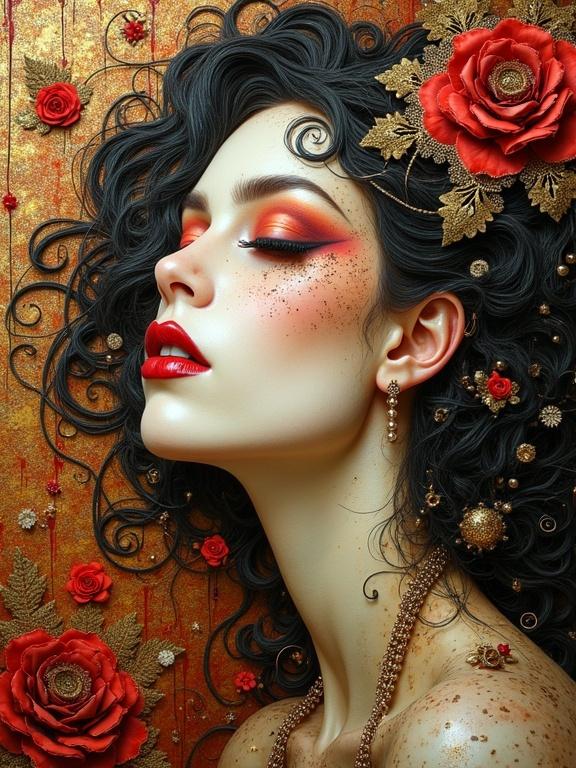 Mixed media artwork features a woman's face with intricate details. She has curly black hair adorned with red roses and gold accents. Her makeup is bold with reds and golds. The background is richly decorated in warm colors. The composition is intricate, blending elegance with whimsy.