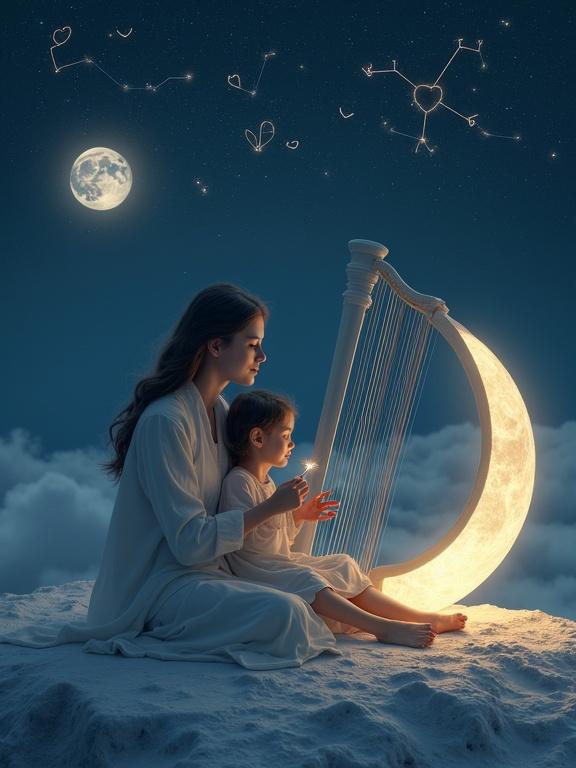 Mother and daughter seated on the lunar surface. Mother playing a harp that gives off light. Earth visible on the horizon. Night sky shows constellations with hearts and tenderness symbols.