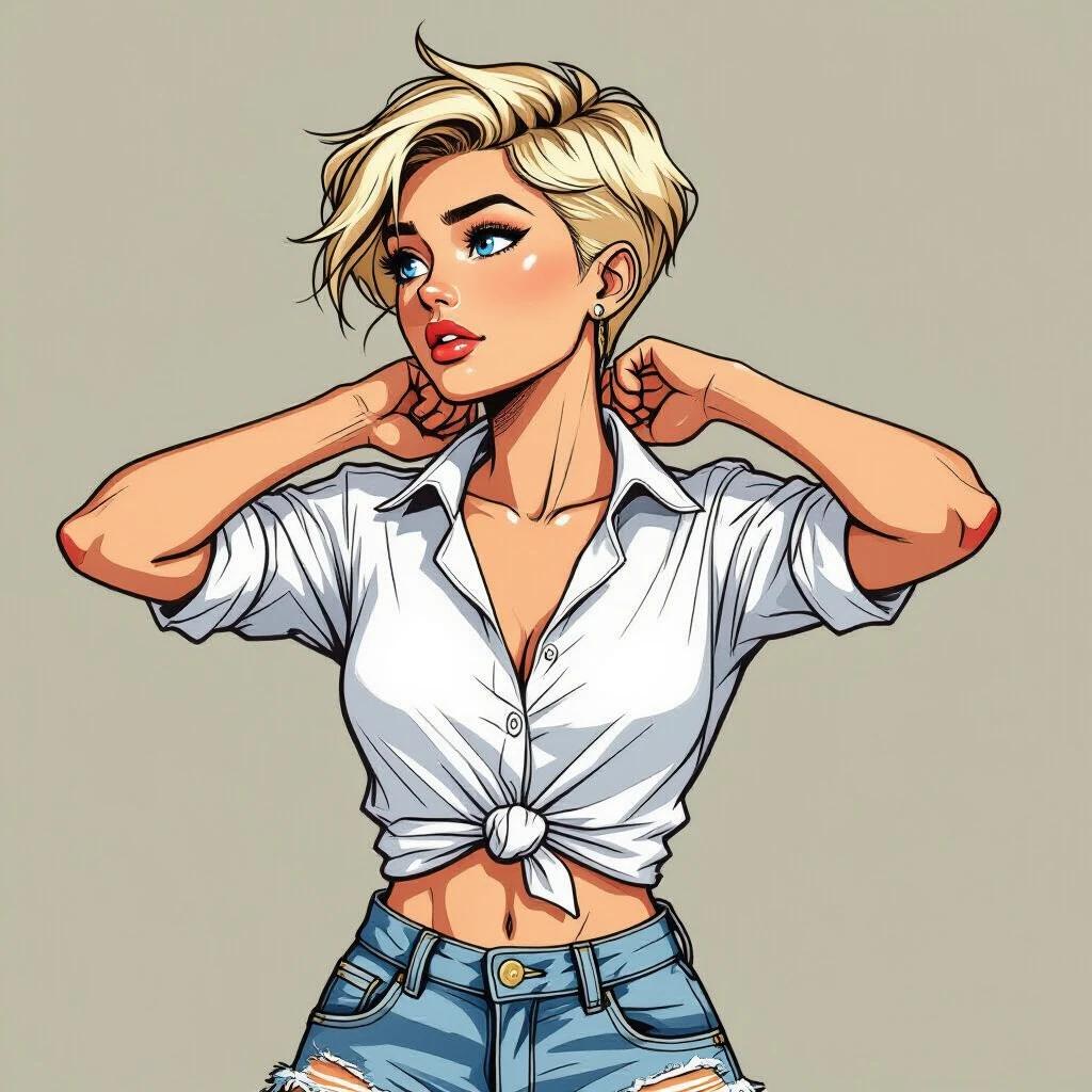A young woman stands confidently with knotted shirt. She has bright blue eyes and straw-blonde hair cut in a crew style. She wears denim shorts and displays a determined expression while clasping her hands behind her neck, enhancing her posture. The image is crafted in a semi-realistic comic style with defined lines.