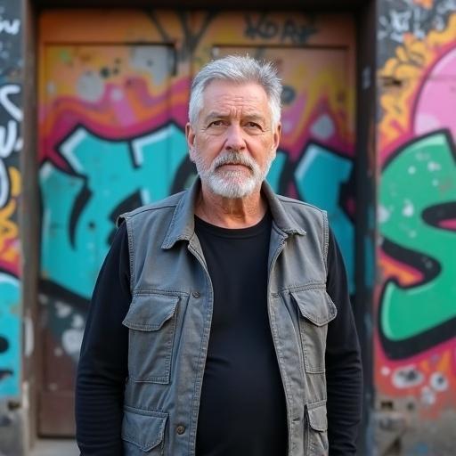 A middle-aged man stands in front of a colorful graffiti wall. He faces the camera with a serious expression. He wears a black shirt and gray vest. The background showcases vibrant colors and patterns. A metal door is partially visible in the frame. The style is bright and lively.