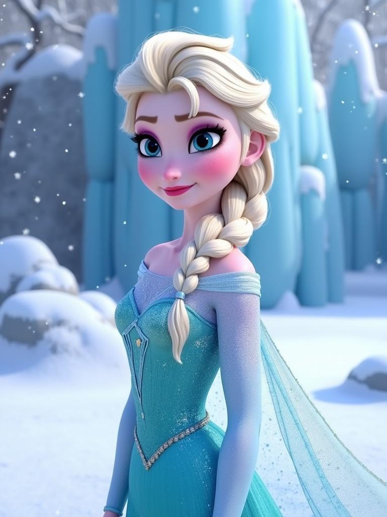 A character from a popular animated film with platinum blonde hair in a braid. She wears a shimmering ice-blue dress. Snowflakes fall gently in a winter landscape with icy structures in the background.