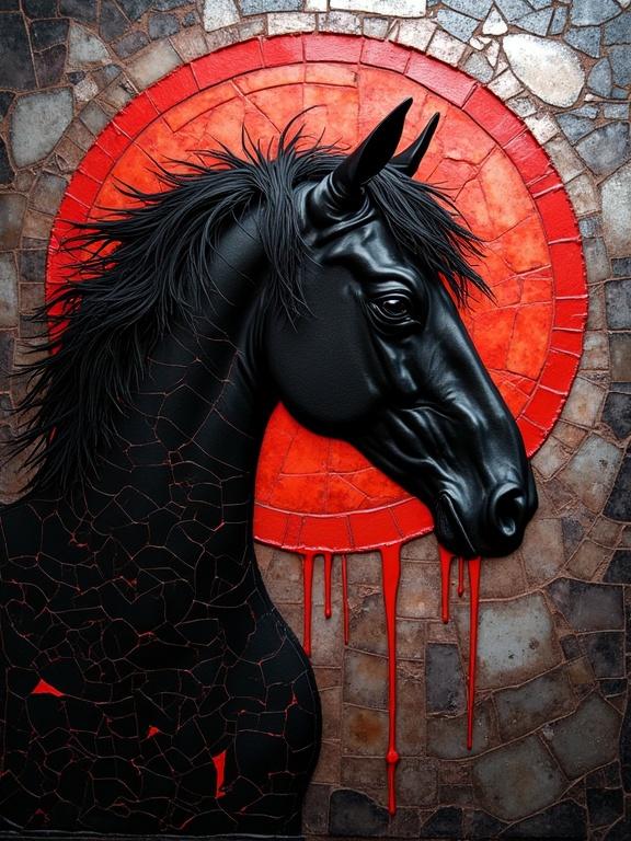 3D abstract art featuring a Gothic male horse. Dark red silhouette against a circular background. Evokes mystery and intrigue in a film noir style with contrasts of light and shadow.