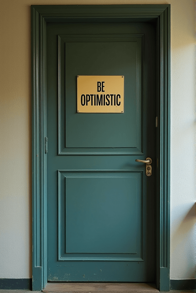 A green door with a sign that says 'Be Optimistic' in bold letters.