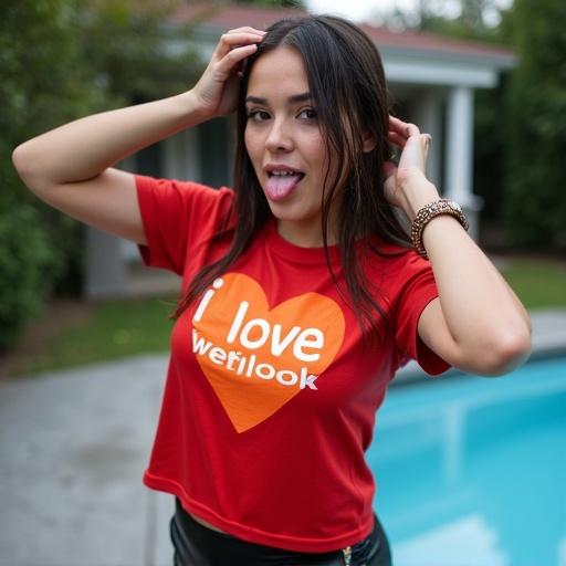 Photography of woman positioned slightly off-center. She wears a wet, red t-shirt with a graphic orange heart. Her pants are wet, black leggings. Expression is playful with tongue out, hand gesture to head. Body in dynamic pose, facing camera. Outdoor near a pool with gray pavement. Background includes blue pool and greenery. Lighting is natural outdoor, overcast. Style is casual and candid. Medium shot with muted colors.