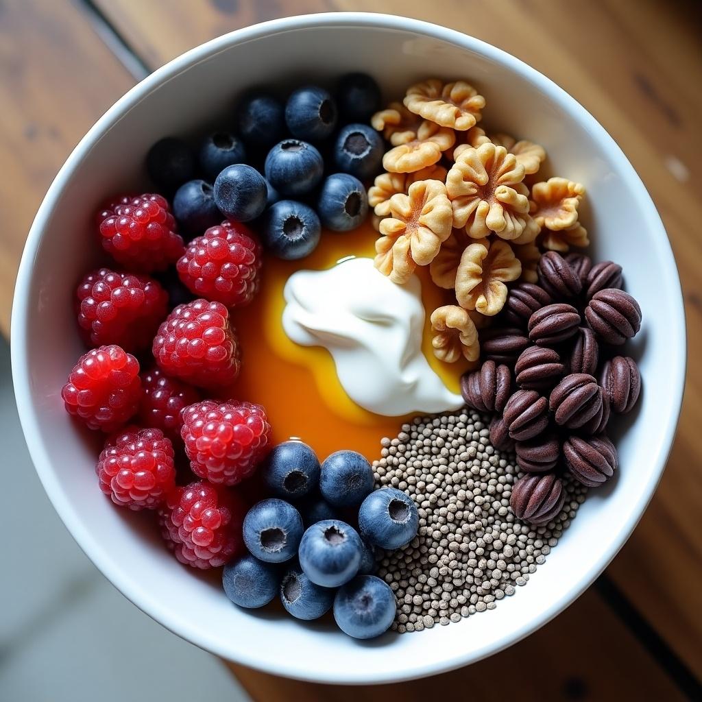 Mixed berries granola with walnuts, chia seeds, honey, and yogurt in a large bowl. Ultra-realistic depiction of ingredients arranged attractively.