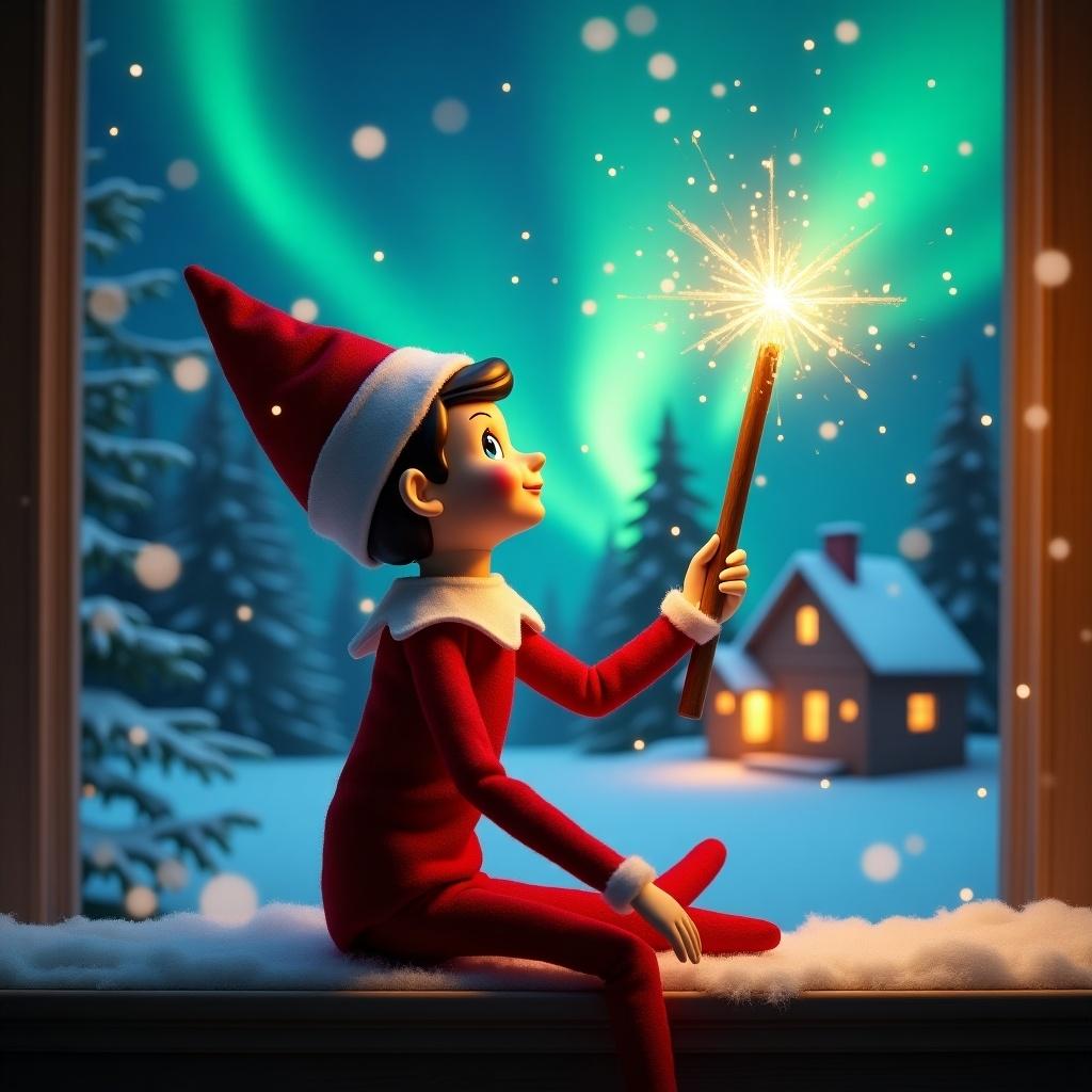 An elf on the shelf sits gazing skyward holding a glowing wand. Colorful northern lights illuminate a snowy landscape. A cozy house is visible in the distance. The elf represents the magic of Christmas, with names appearing from the wand.