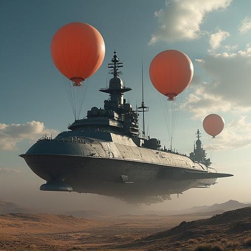 A military spaceship soaring through the sky. The spaceship has balloons attached for weapons. The background is dramatic with clouds and a hint of desert landscape.