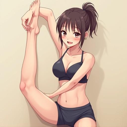 Young woman stretching in anime style. Wearing a push up bra and shorts. Pose emphasizes flexibility and fitness.