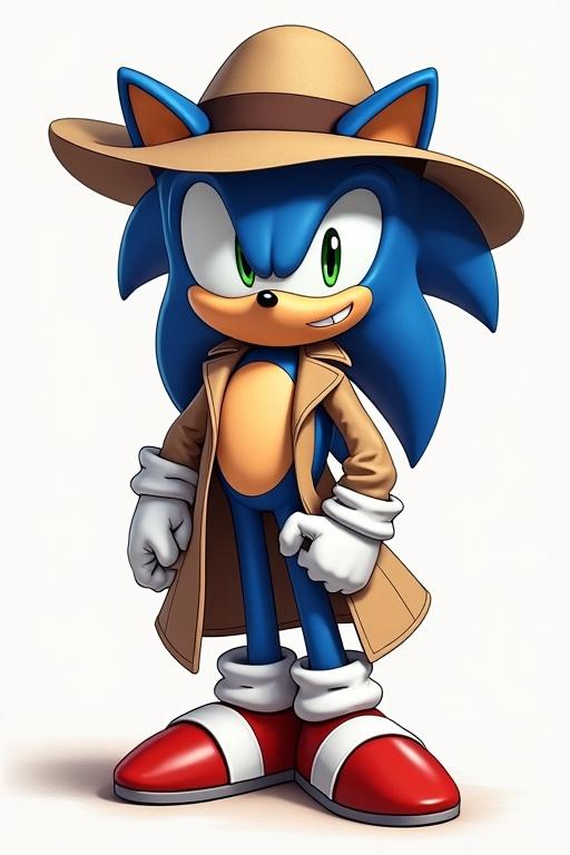 Sonic the Hedgehog character wears a beige trench coat and a pith helmet. Sonic stands confidently with a sly smile. Background is plain and minimalistic. No additional elements are present.