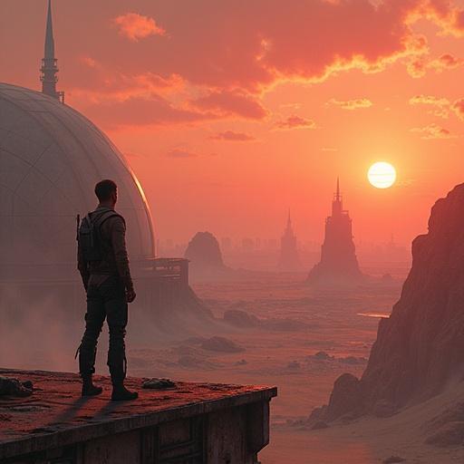 Detailed painting of a cyberpunk city within a glass dome on an alien planet after sunset. Young man in futuristic clothing stands on megastructure's rooftop. Rocks and barren desert outside the city. Faint orange glow over the horizon. Solar flares in the sky. Cinematic composition with gritty texture and volumetric lighting.