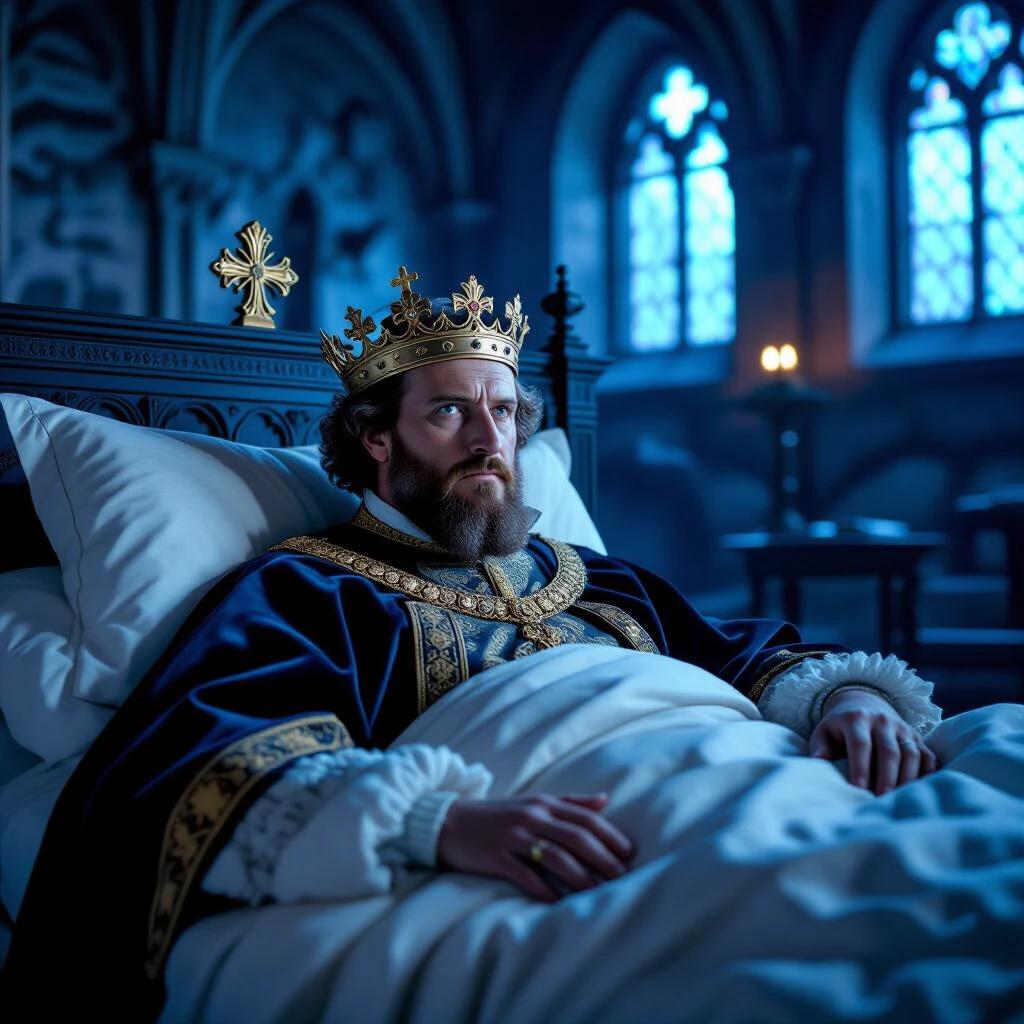 A king lies in bed looking frail. The scene depicts a historical moment set in El Escorial. The atmosphere is somber with a bluish hue. The king's attire shows 16th century royal garments. The room features Gothic architecture and candlelight.