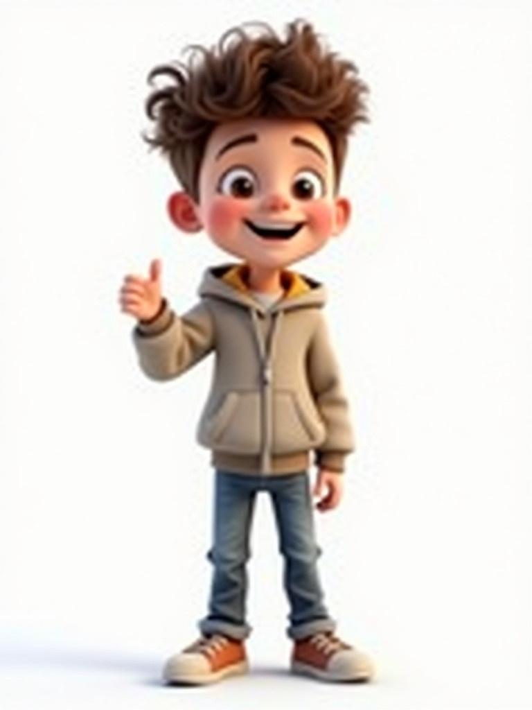 3D rendered cartoon character of a 10-year-old boy. He has curly hair and wears a hoodie. The background is plain white. Character has a cheerful expression and stands with one hand raised in a thumbs up gesture.