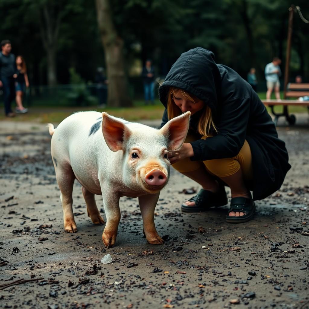 A young woman in a hoodie crouches next to an adorable piglet in a park setting.