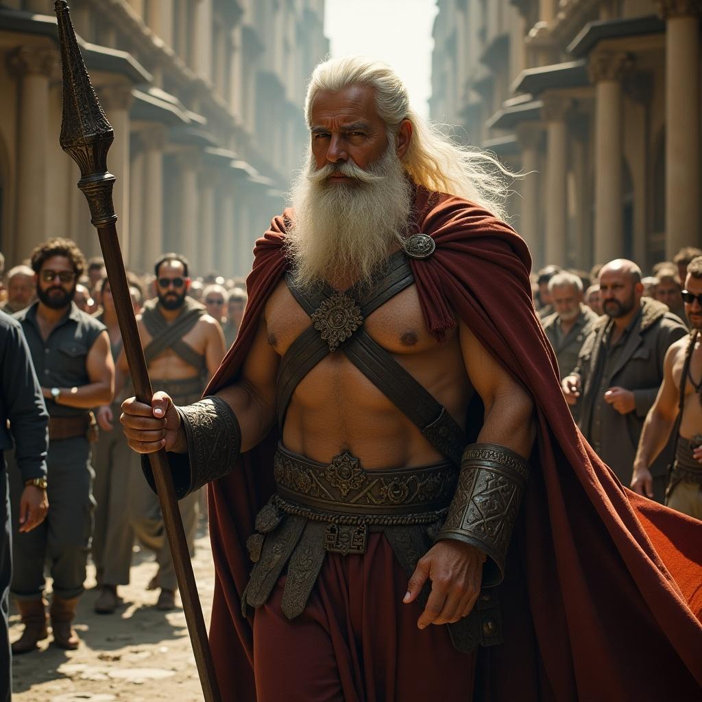 The image depicts a powerful warrior, reminiscent of mythical heroes from ancient tales. He walks with authority in a bustling, ancient city scene surrounded by an onlooking crowd. His attire includes a dramatic red cape and ornate armor, showcasing his muscular physique. The setting is warm and atmospheric, suggesting an epic adventure or conflict. This character embodies the spirit of heroism and strength, drawing viewers into a narrative of age-old legends.