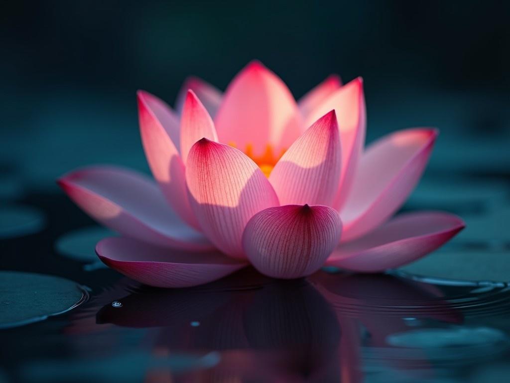 A serene pink lotus flower blooming on tranquil dark waters. The petals are softly illuminated, showcasing delicate shades of pink and white. The flower rises gracefully above the dark water surface, surrounded by gentle ripples. This image captures a sense of peace and tranquility. Perfect for relaxation and mindfulness activities.