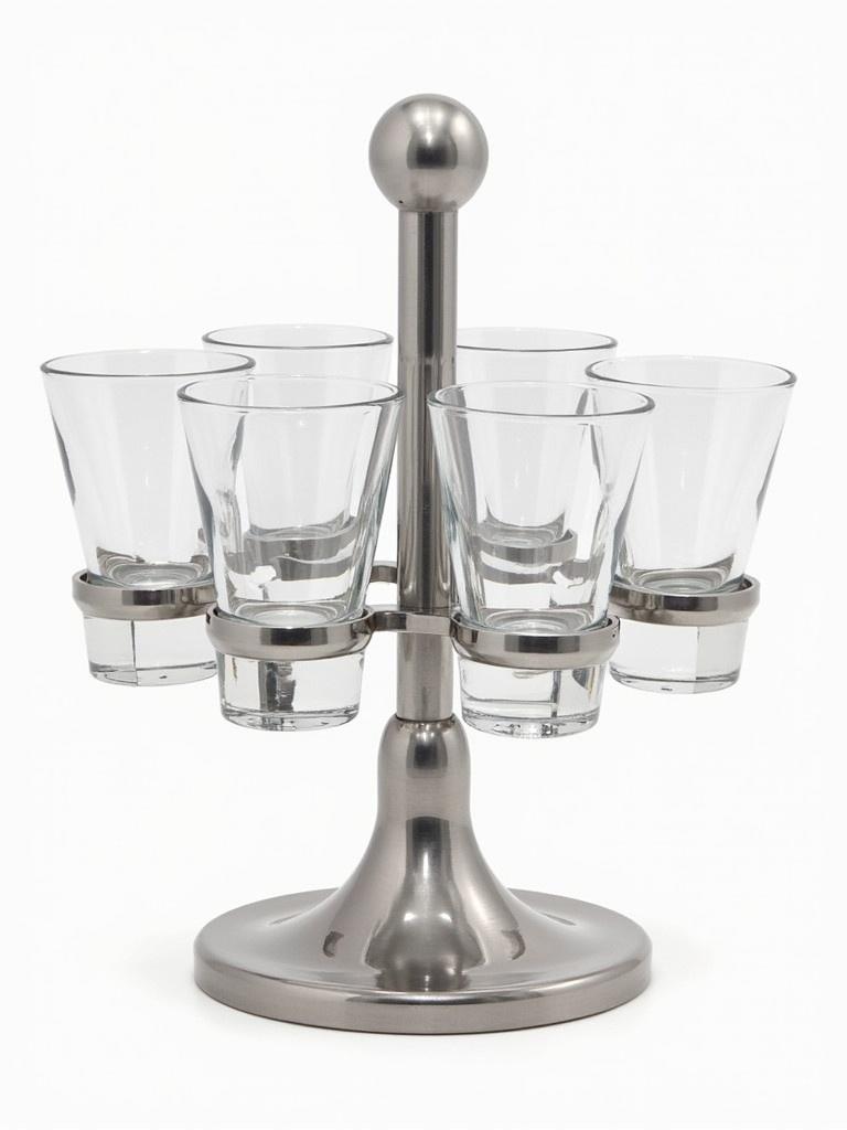 A six shot glass dispenser and holder features an elegant metallic design. Six clear shot glasses sit securely on a central pole. The base is round and sturdy. The glasses are perfectly spaced for easy access. A minimalistic and contemporary look suitable for various occasions.