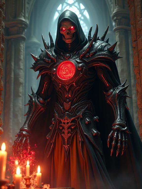 A skeletal Lich in black armor adorned with skull motifs. Glowing red eyes and core in chest armor. Hand over chaotic sigil of red energy. Black cloak billowing in a gothic crypt with towering pillars. Flickering candles casting eerie light. High fantasy digital painting, highly detailed.