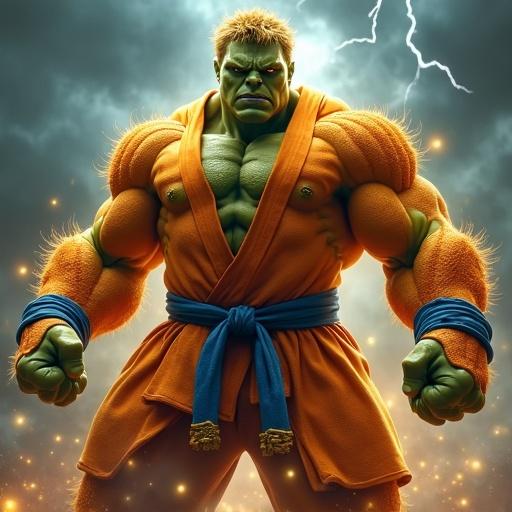 Hyper-realistic warrior standing with powerful pose. Skin composed of textured orange peel. Huge muscles with detailed natural texture. Wears orange martial arts gi and blue undershirt. Features golden spiky hair and blue wristbands. Intense gaze looking forward. Body emits golden aura. Realistic fabric folds and shading of clothing. Background depicts stormy sky with dark clouds and lightning. Dynamic lighting conveys a sense of power.