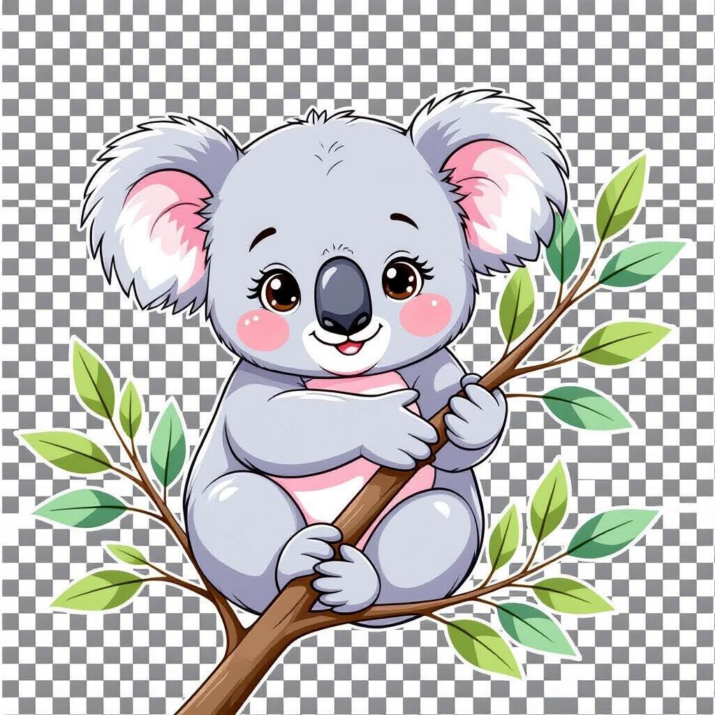 Kawaii whimsical cute baby koala hugging a eucalyptus branch with pastel tones. Adorable design suitable for stickers. Transparent background.