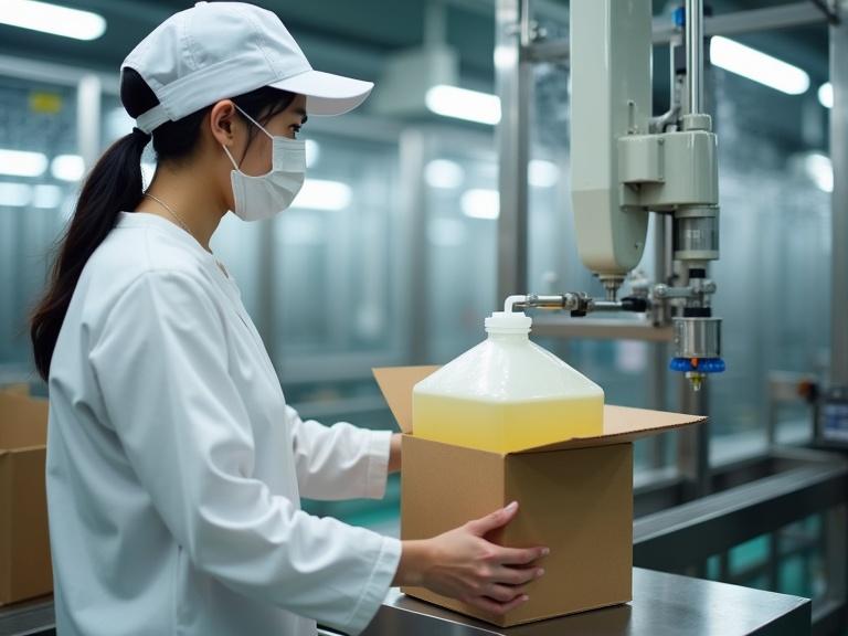 Female worker in a food factory operates a liquid filling machine. Worker wears white clothes, hat, and mask. Involves 5-gallon Bag-in-Box container placed into a cardboard box. High resolution and realistic setting.