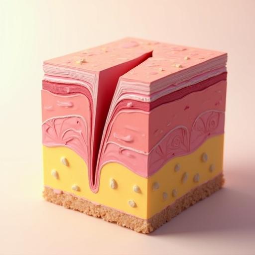 Highly realistic digital illustration showing a cross-section of human skin Clear layers visible Epidermis pink middle dermis yellow subcutaneous fat Deep V-shaped wound running through all layers Soft shadows and textures Professional medical lighting Simple light background