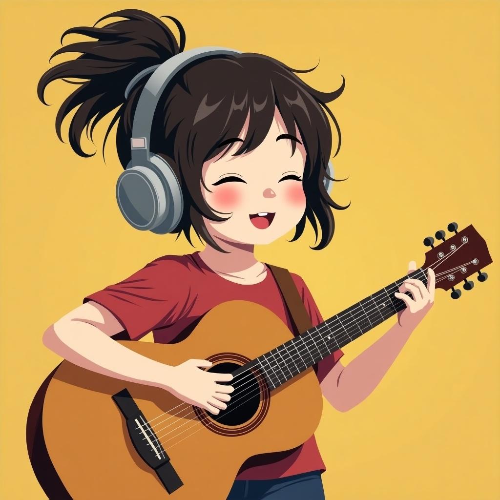 Girl enjoys playing acoustic guitar. She wears headphones and smiles joyfully. Long hair styled in a messy bun. Bright yellow background.