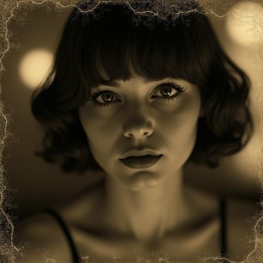 Close-up image capturing a flapper girl in a dimly lit art deco speakeasy. Aged sepia photograph shows torn and water-damaged edges.