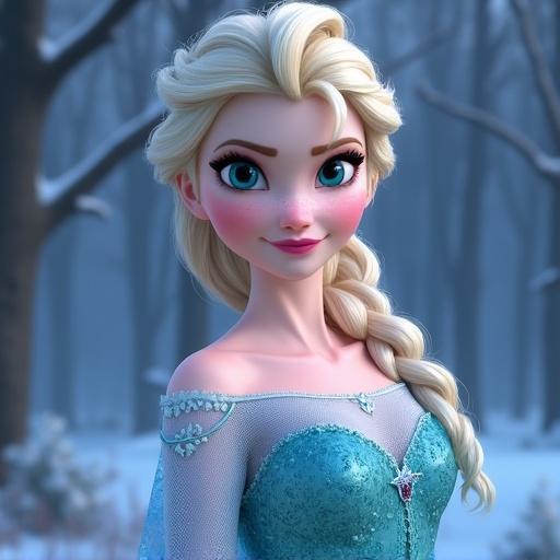 Character inspired by Frozen wearing a sparkling blue gown. Standing in a snowy forest. Light hair styled elegantly. Soft ambiance creating a magical atmosphere.