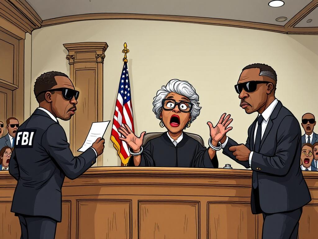 Cartoon courtroom scene with surprised senior afro-american female judge in black robes. Two FBI agents in dark suits. One reading rights, the other holding handcuffs. Wooden decor and U.S. flag visible. Shocked spectators in background. Bold and colorful style.