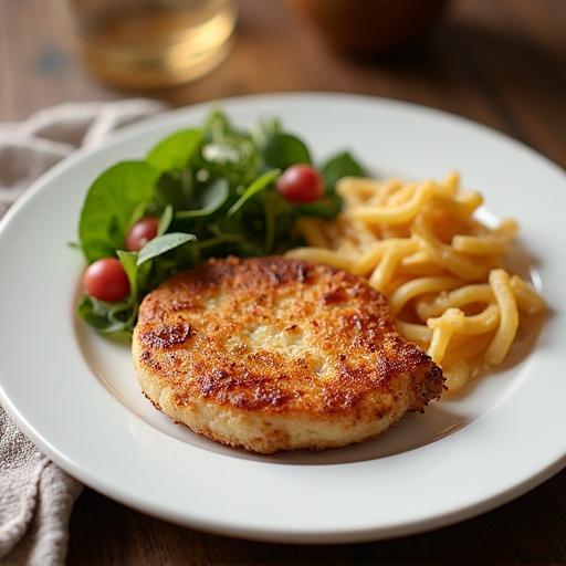 Dish on a white plate featuring a crispy pancake style food, a side of pasta, and a fresh salad with cherry tomatoes.