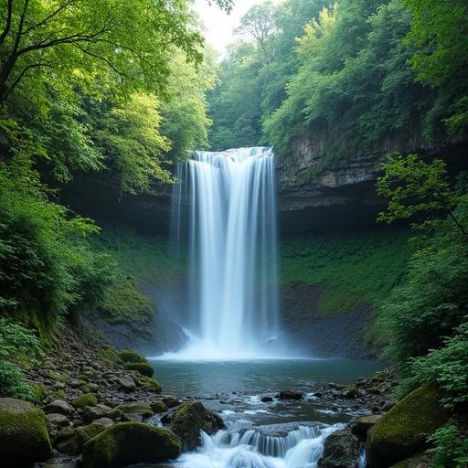 A beautiful waterfall in a serene forest surrounded by lush greenery