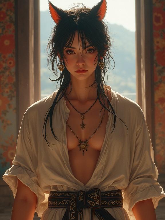 A fantasy-themed portrait of a woman with fox ears. She wears a loose, oversized shirt and intricate jewelry. Natural light pours in from behind, creating an ethereal feel. The background has vintage floral wallpaper. The focus is on her face and upper body. She has a captivating expression and flowing hair, highlighting the fox-like attributes. The overall atmosphere is whimsical and mystical.