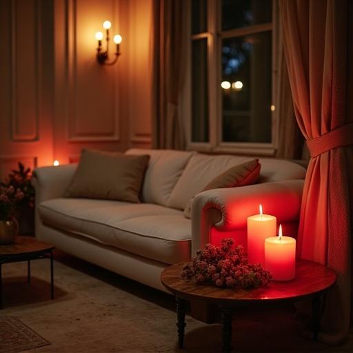 Checkered beige fancy living room at night. Dark room with soft and warm lighting. Romantic atmosphere enhanced by candles. White and beige accents with one couch. Red candles on a table. Cozy setting for relaxation.