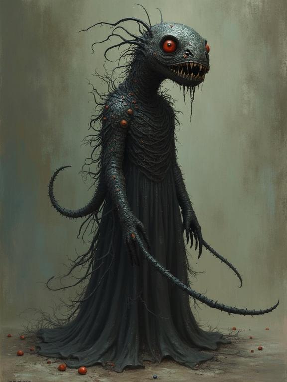 Frightening creature with a grotesque appearance. Exaggerated features include large red eyes and elongated limbs. Dressed in a flowing dark garment. Surrounded by small spheres scattered on the ground. Shadowy, eerie atmosphere contributes to the overall unsettling presence.
