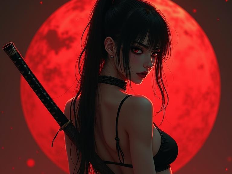 Yakuza girl stands with a katana. She has pale skin and intense eyes. The background features a large red moon. Dark tones dominate the scene.