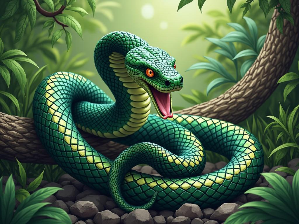 The image depicts a vibrant green snake coiled around a branch with lush foliage in the background. The snake has a fierce expression, with its mouth open and fangs visible. Surrounding the snake are various shades of green leaves, creating a jungle atmosphere. The overall composition gives a sense of vitality and a hint of danger. The lighting enhances the textures of the snake's scales and the leaves, creating depth.