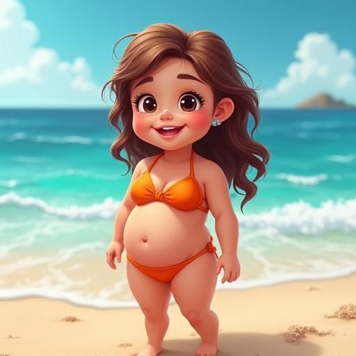 A girl with a chubby body stands on the beach. She wears an orange bikini and has wavy hair. Expression is cheerful. The background features the ocean on a bright sunny day.